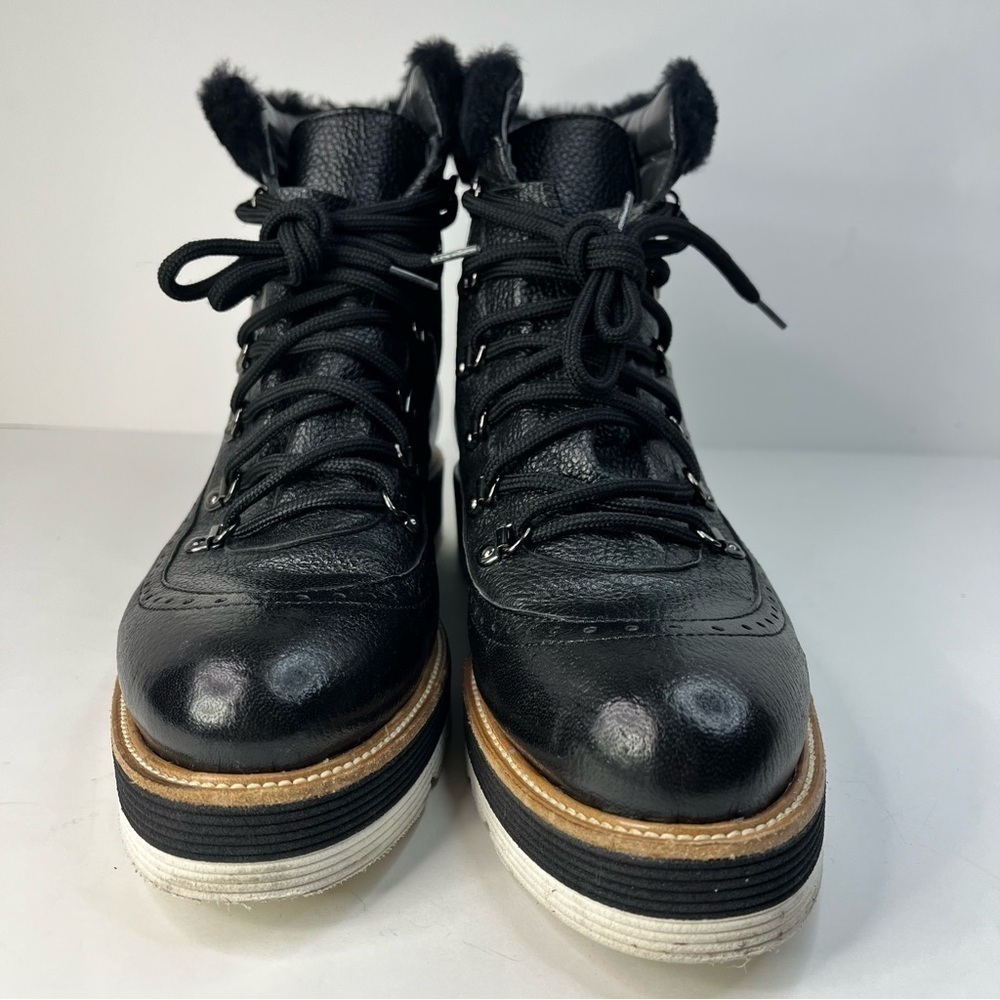 Napoleoni Italy Black Leather Ankle Boots Faux Fur Lugged Heeled 1.5" Women's 9 - Picture 2 of 8